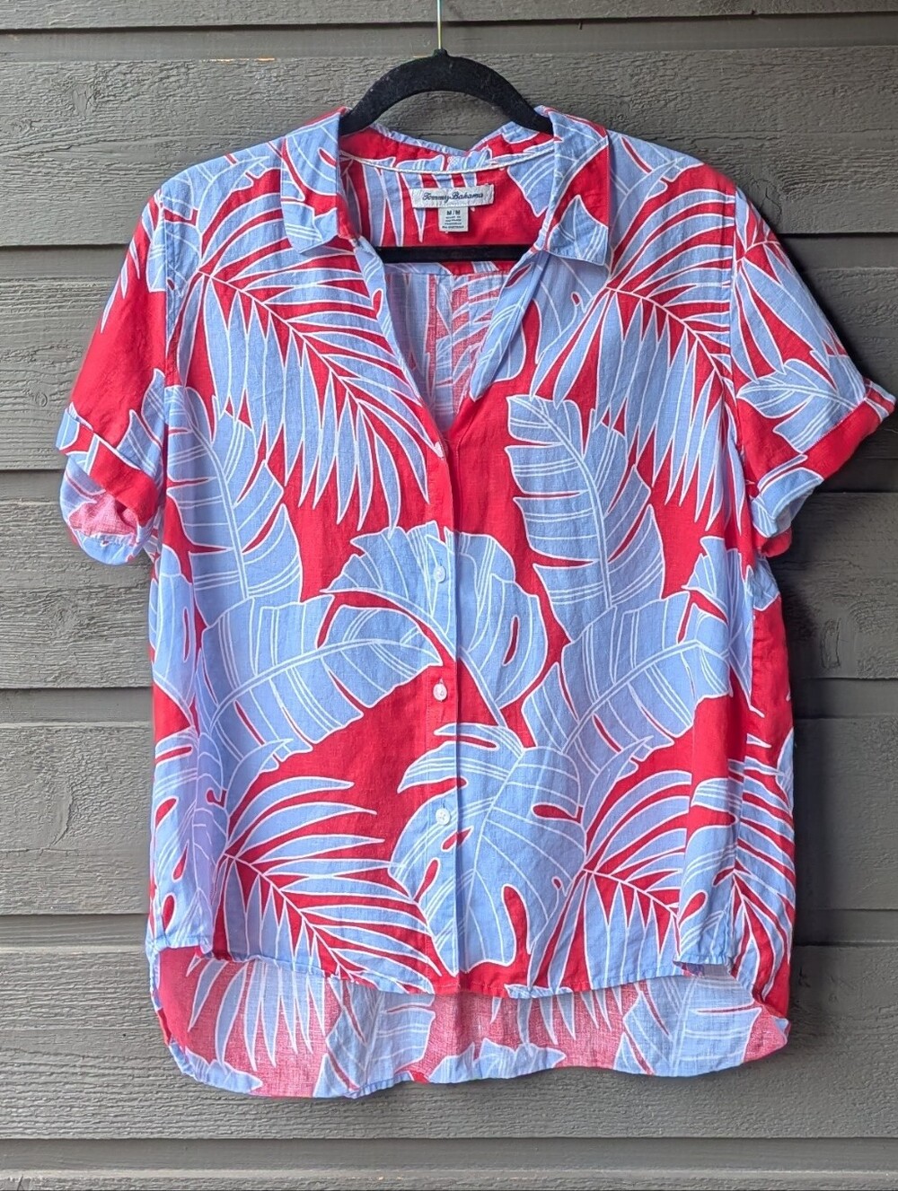 Tommy Bahama Women's 100% Linen Palms Fronds Leaves Short Sleeve Blouse Medium